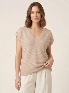 Laura Beige Ribbed V-Neck Knit L Vest Top Gold Button Casual Elegant Preppy Y2K